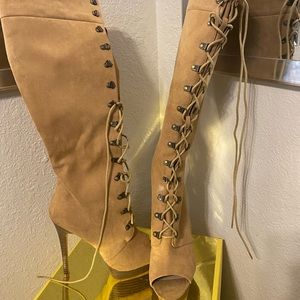Tall lace up peep toe boots